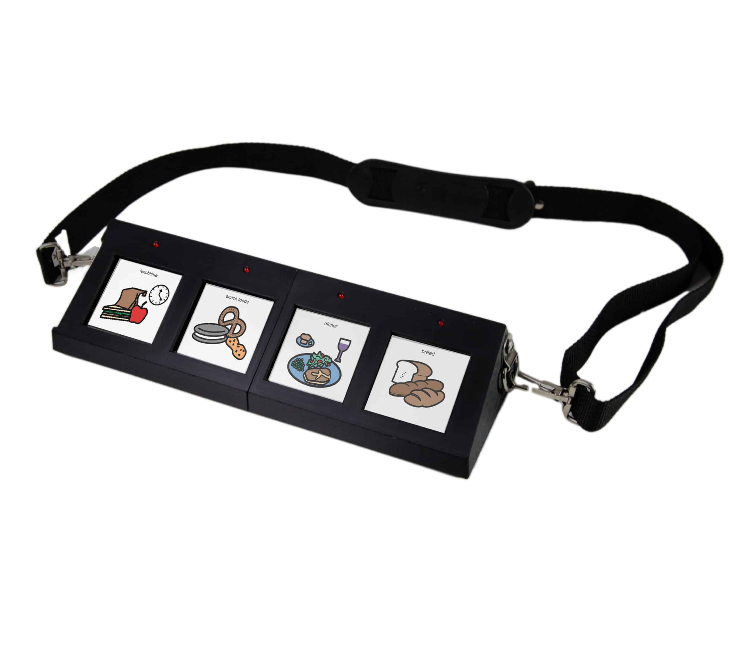 An angled rectangular device with four large message buttons under a slide-in overlay and a carrying strap.