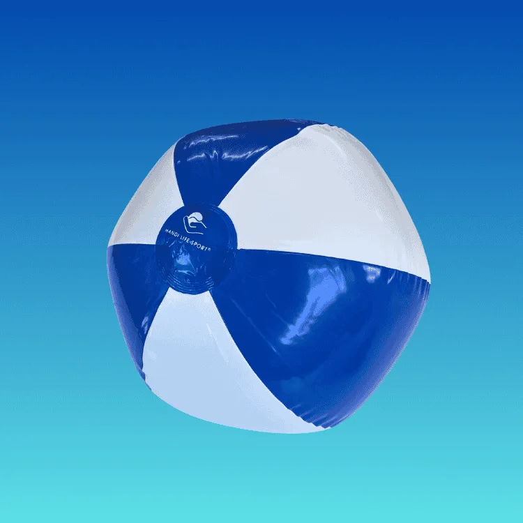 A blue and white inflatable beach ball.