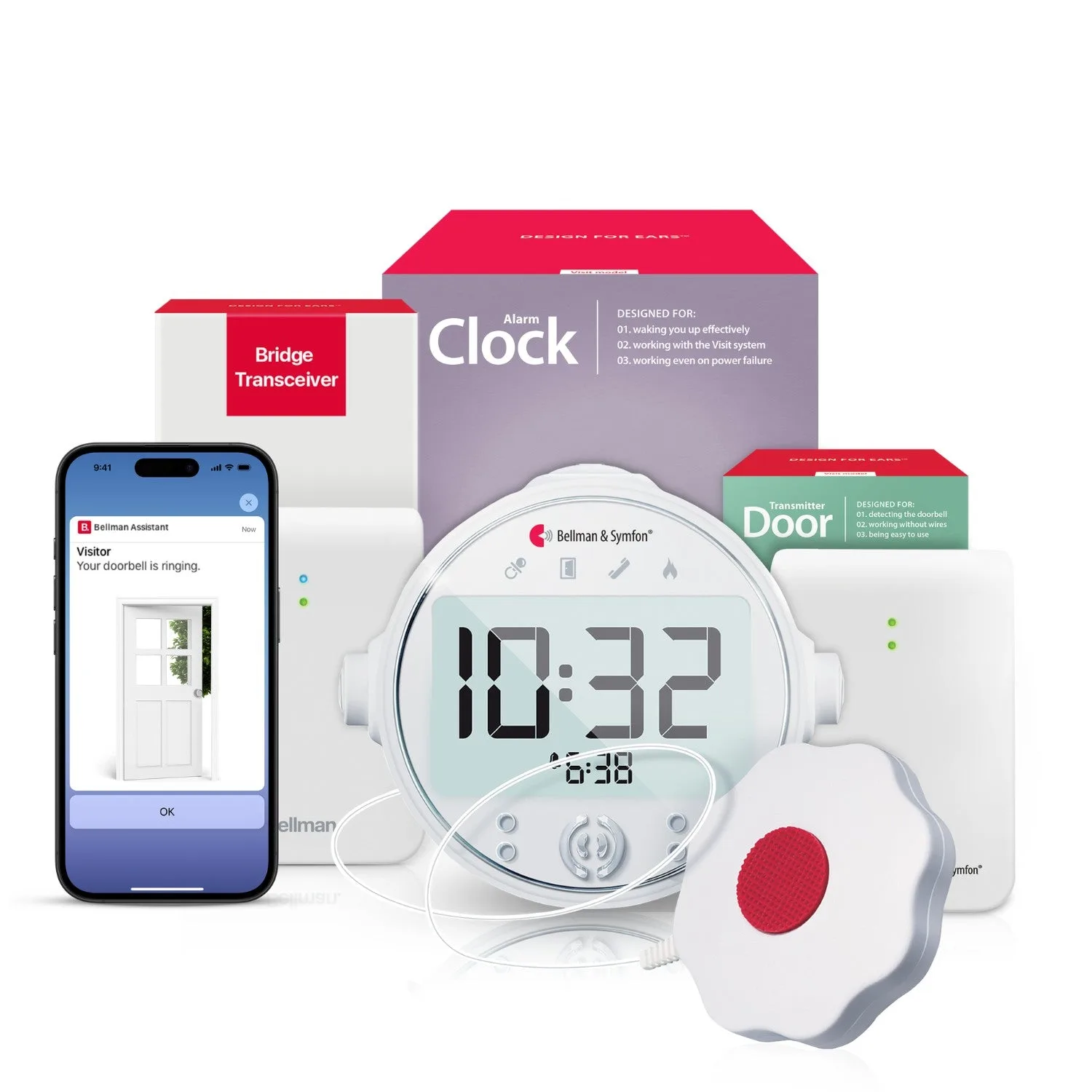 Bellman & Symfon Visit Pro doorbell alerting set: alarm clock with large display, flash receiver, door transmitter, bed shaker with red centre, and a smartphone showing a doorbell notification.