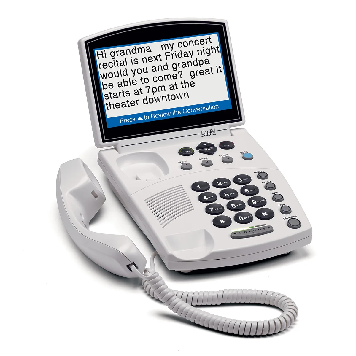 CapTel 840i captioned telephone with a large tilted caption screen and large-button keypad.