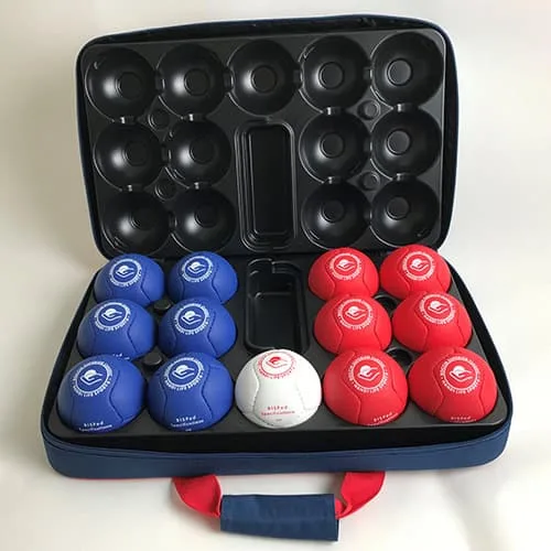 Open navy boccia case holding six blue and six red six-panel balls and one white target ball.
