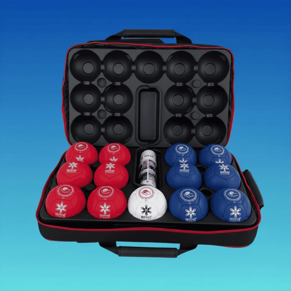 Open black boccia case holding six red and six blue supersoft balls and one white target ball, with a pump.