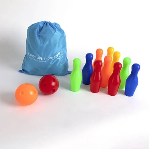 Ten colourful bowling skittles with two finger-hole balls and a blue bag.