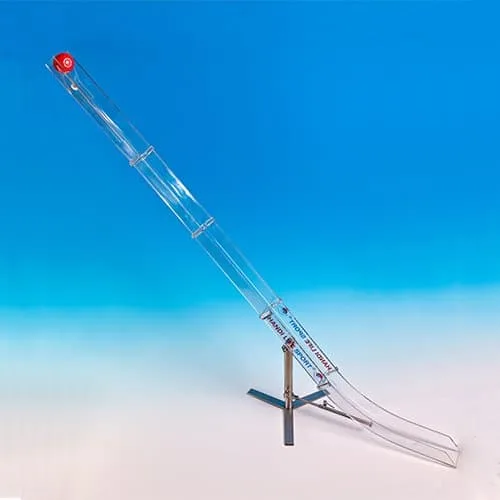 A clear polycarbonate boccia ramp on a stainless-steel cross-foot, angled upward, with a red ball holder at the top.
