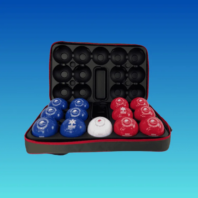 Open black-and-red boccia case holding six blue and six red shiny balls and one white target ball.