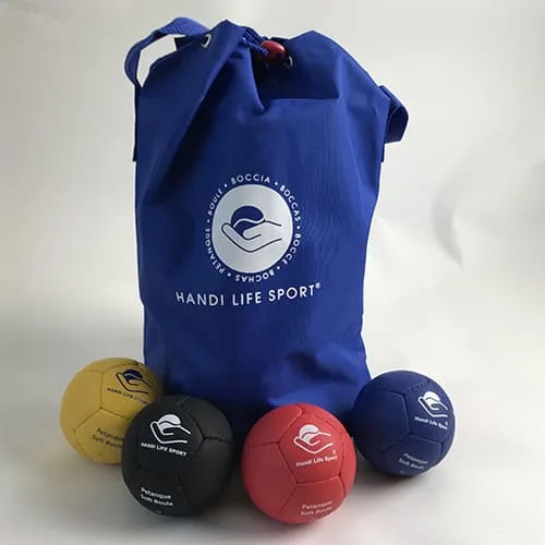 A blue Handi Life Sport bag with four soft boules in yellow, black, red and blue.