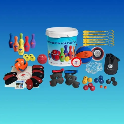 A large school activity kit: a tub with footballs, skittles, bean bags, masks and tethers.