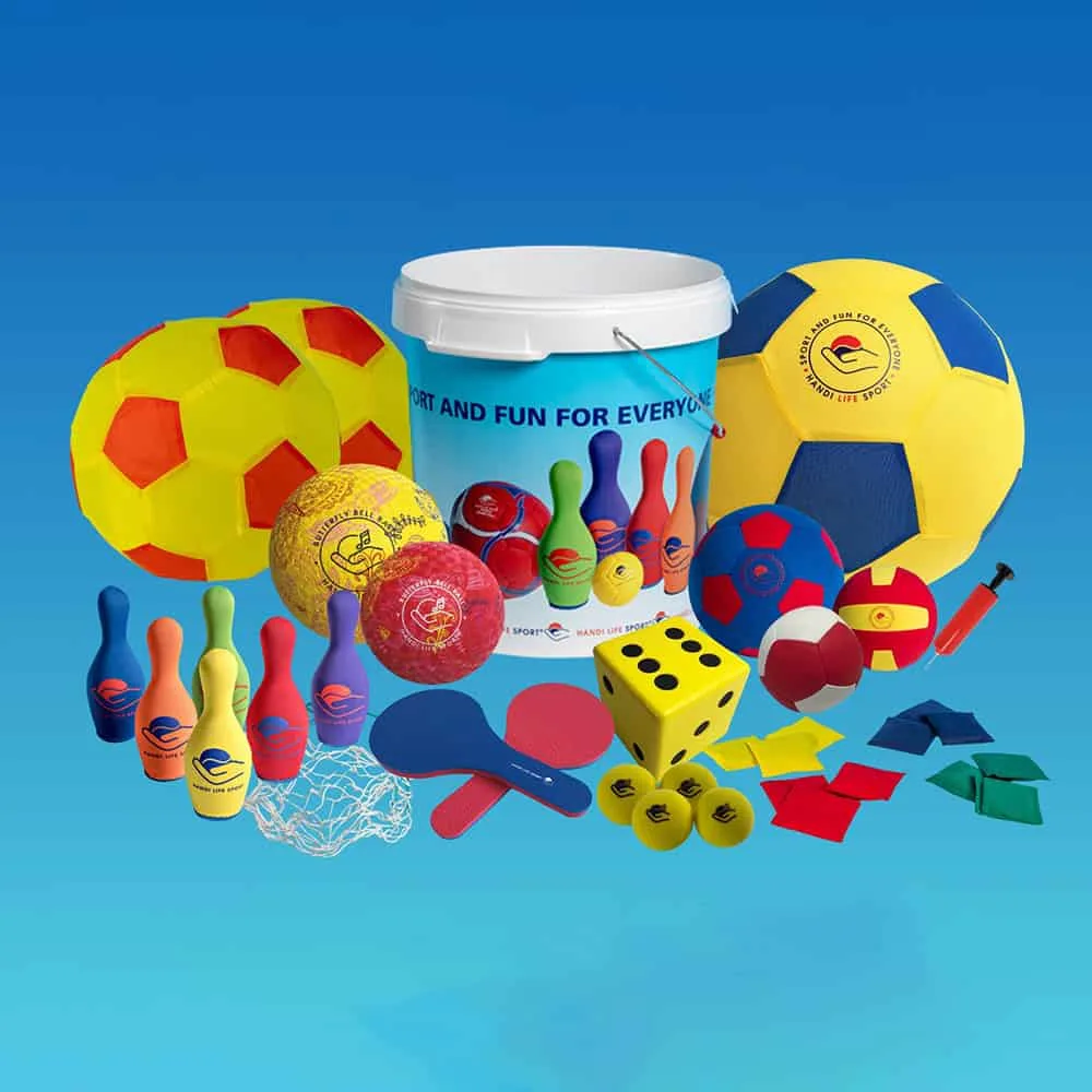 A Snoezelen sensory kit: a tub with soft footballs, bell balls, skittles, a foam dice and bats.