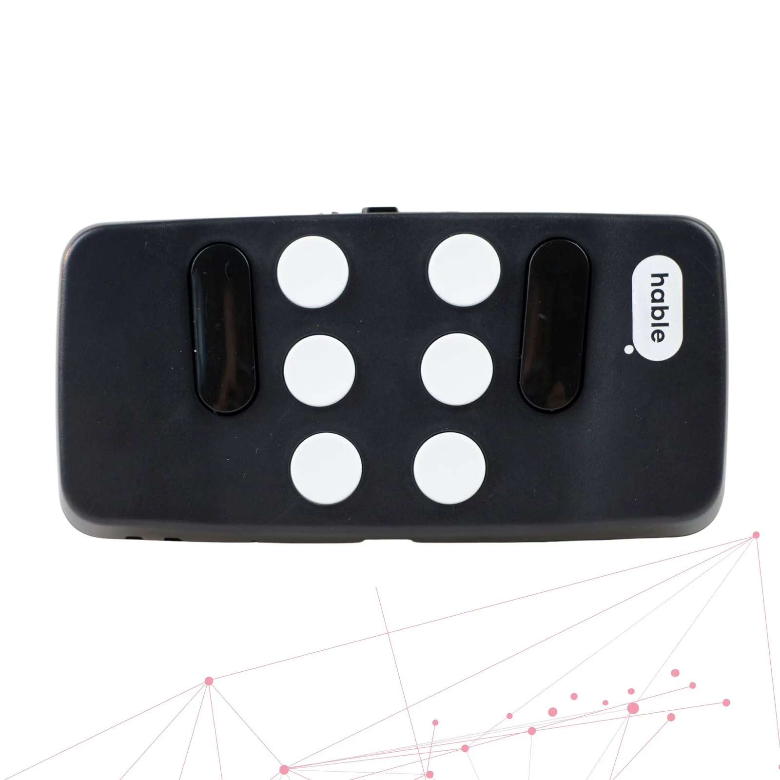 The Hable One braille keyboard shown on a white background: a small black handheld device with six round white braille buttons arranged in two columns of three, flanked by two black oval buttons, with the 'hable' logo in the corner.