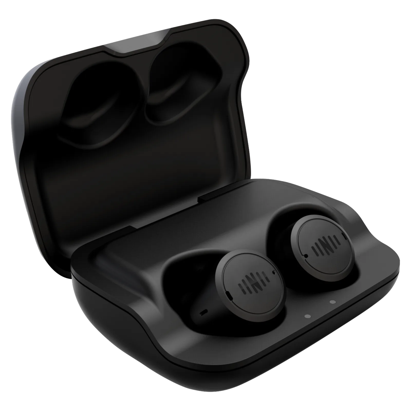 Black Nuheara IQbuds² MAX earbuds sitting in their open charging case.
