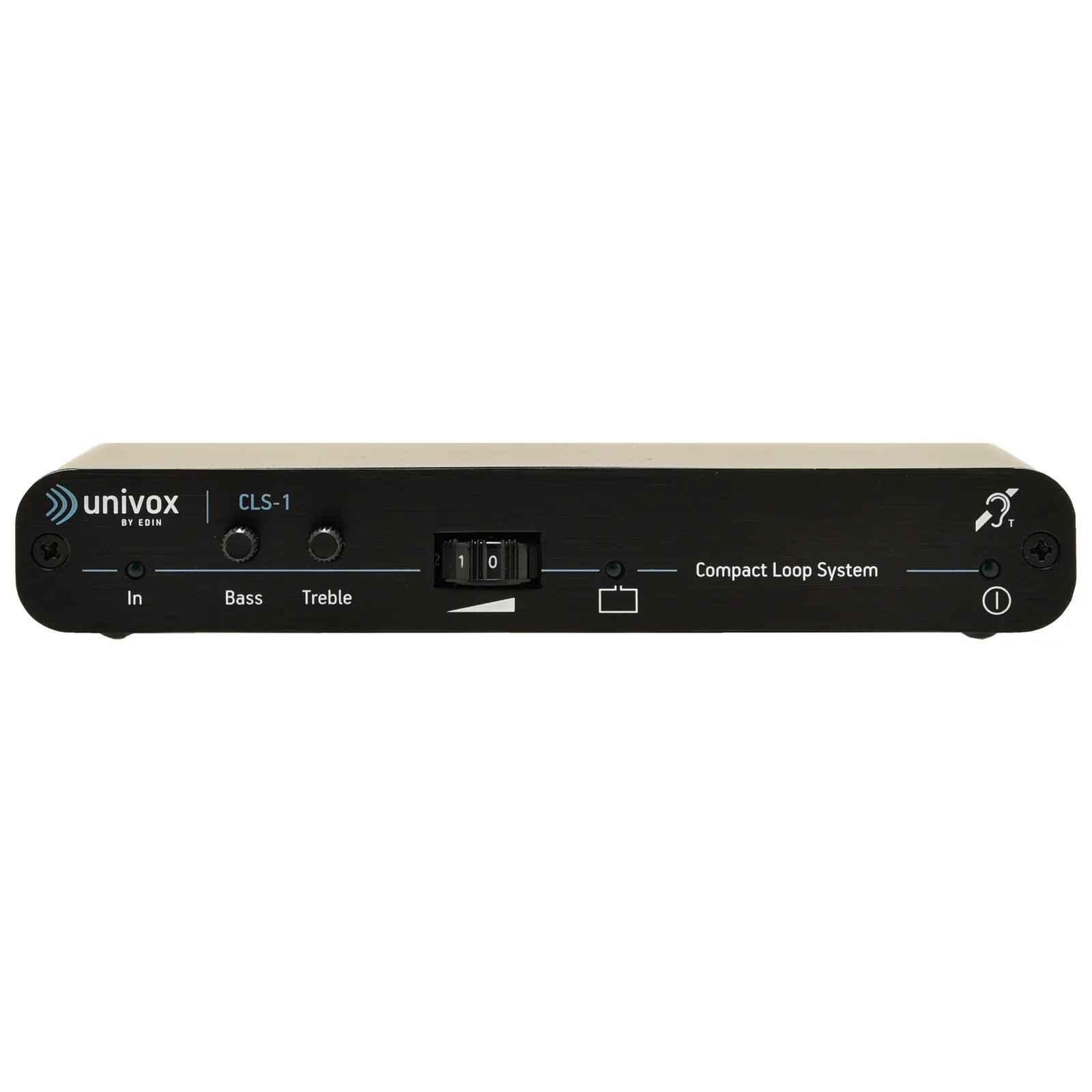 Slim black home hearing loop amplifier with bass and treble knobs, a volume wheel and the hearing-loop T symbol on the front panel.