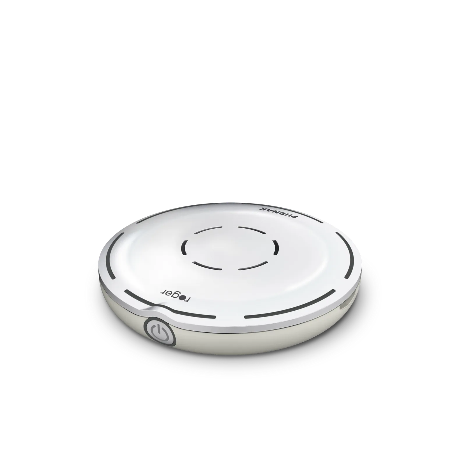 Phonak Roger Select microphone, a slim white disc with microphone slots around the rim, lying flat.