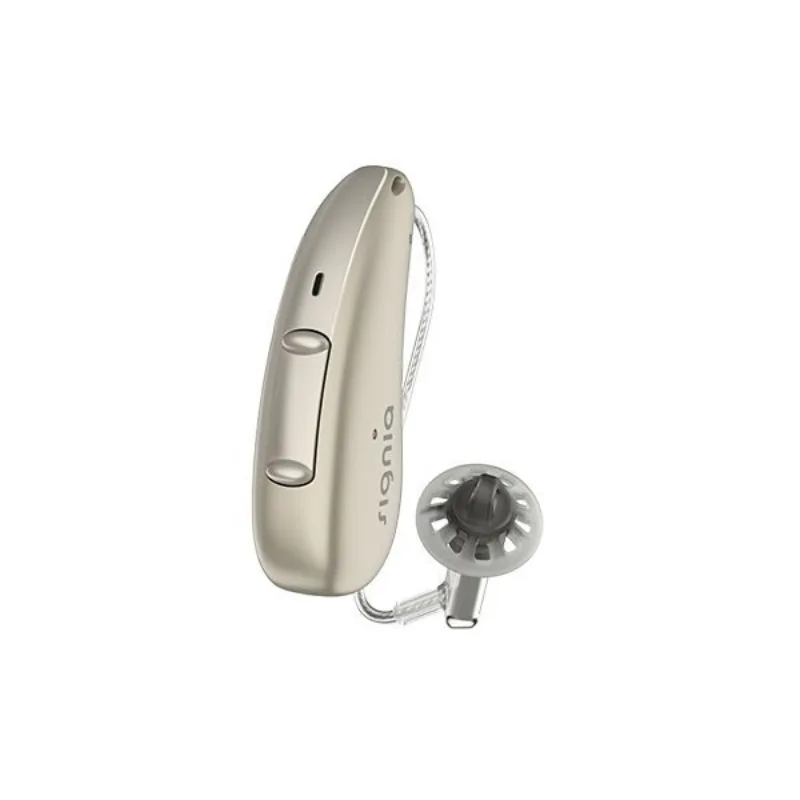 Signia Pure Charge&Go 7AX hearing aid in fine gold with receiver wire and ear dome.