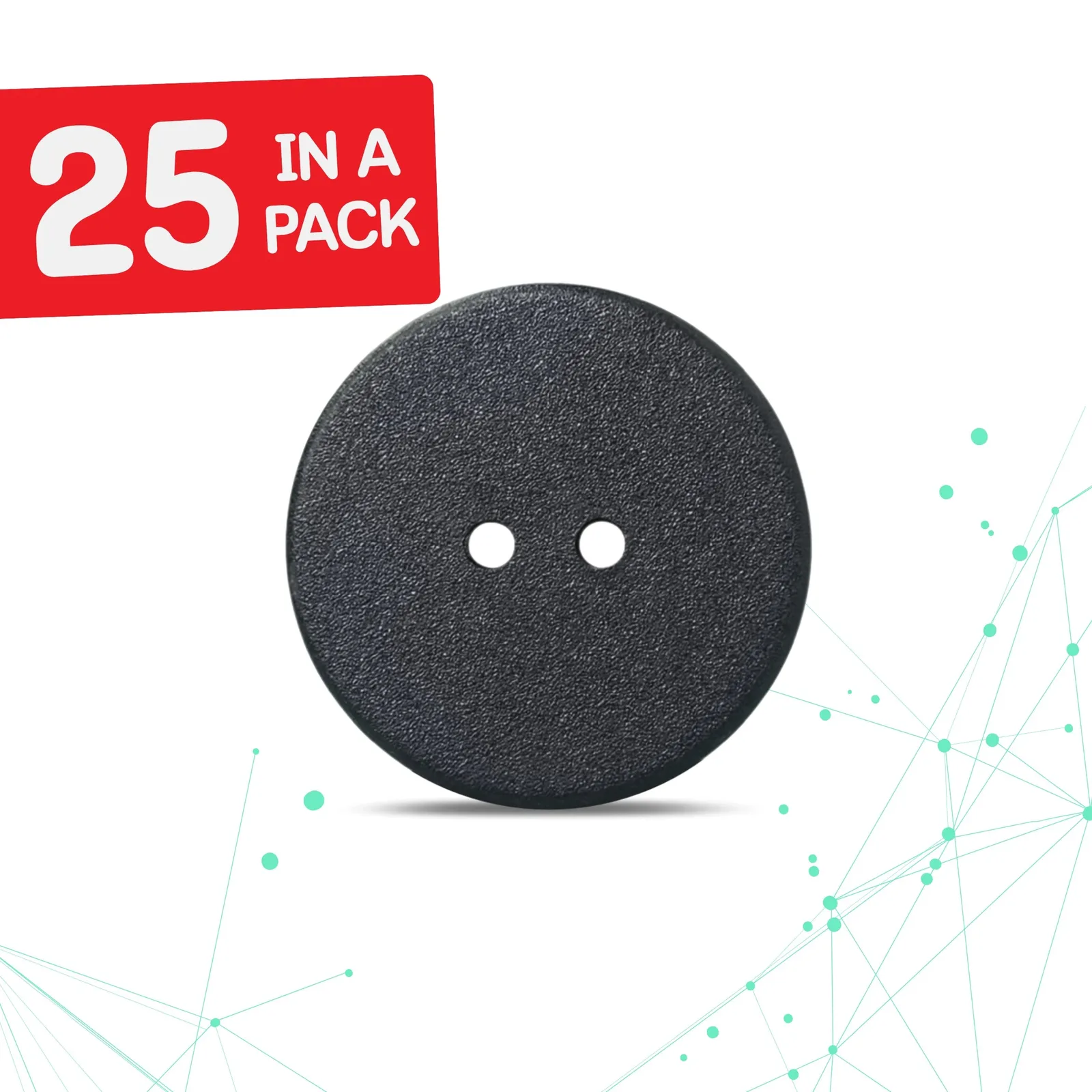 A single Speechlabel laundry NFC button: a round, textured black fabric button with two sewing holes in the centre, shown on a white background with a red '25 in a pack' badge.