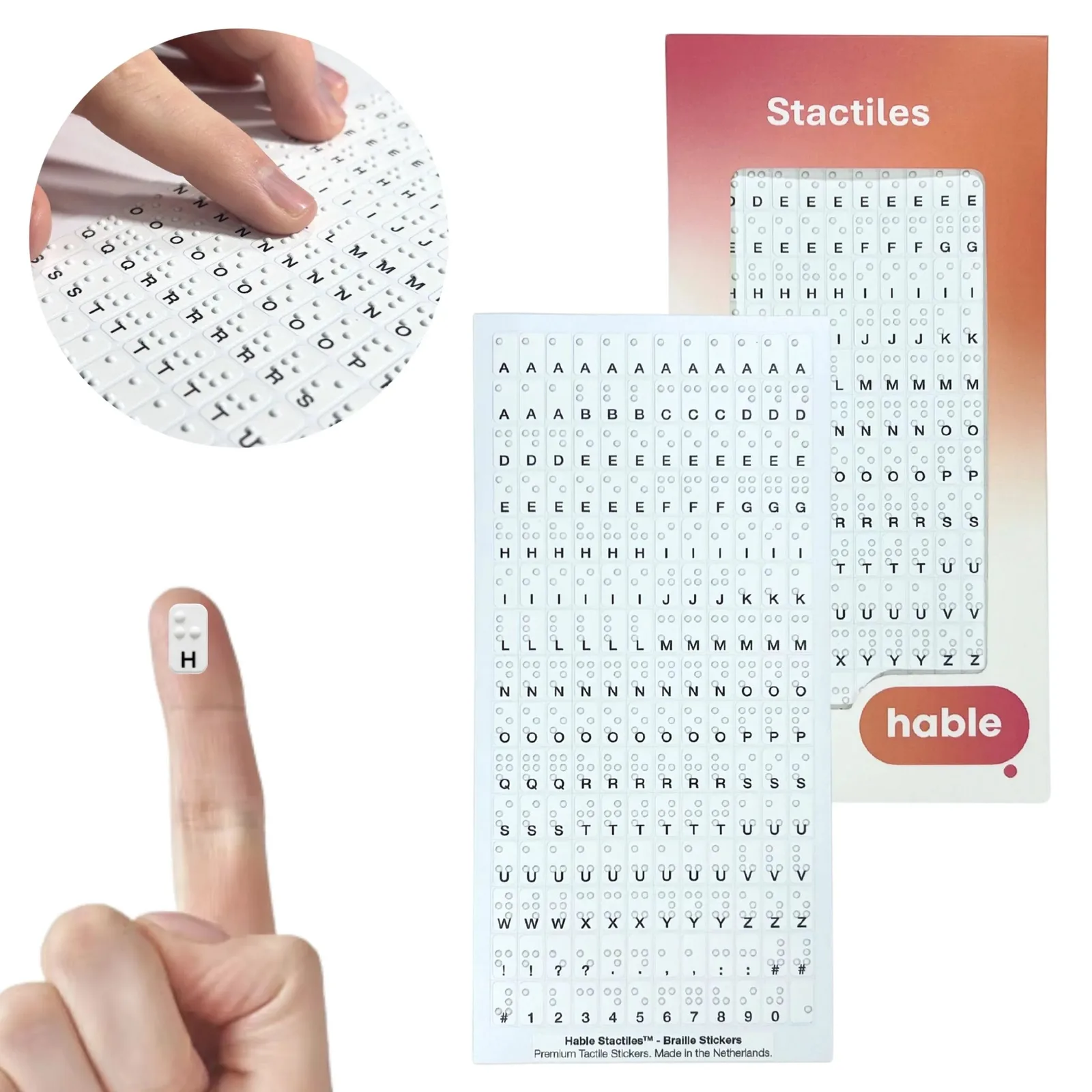 The Hable Stactiles Premium Tiny Braille set: a white sheet packed with 180 cell-sized stickers, each showing raised Braille dots above a printed character, the full alphabet, punctuation and numbers, shown with its orange box. A fingertip holds a single tiny sticker reading the letter H, and an inset shows fingers feeling the rows.
